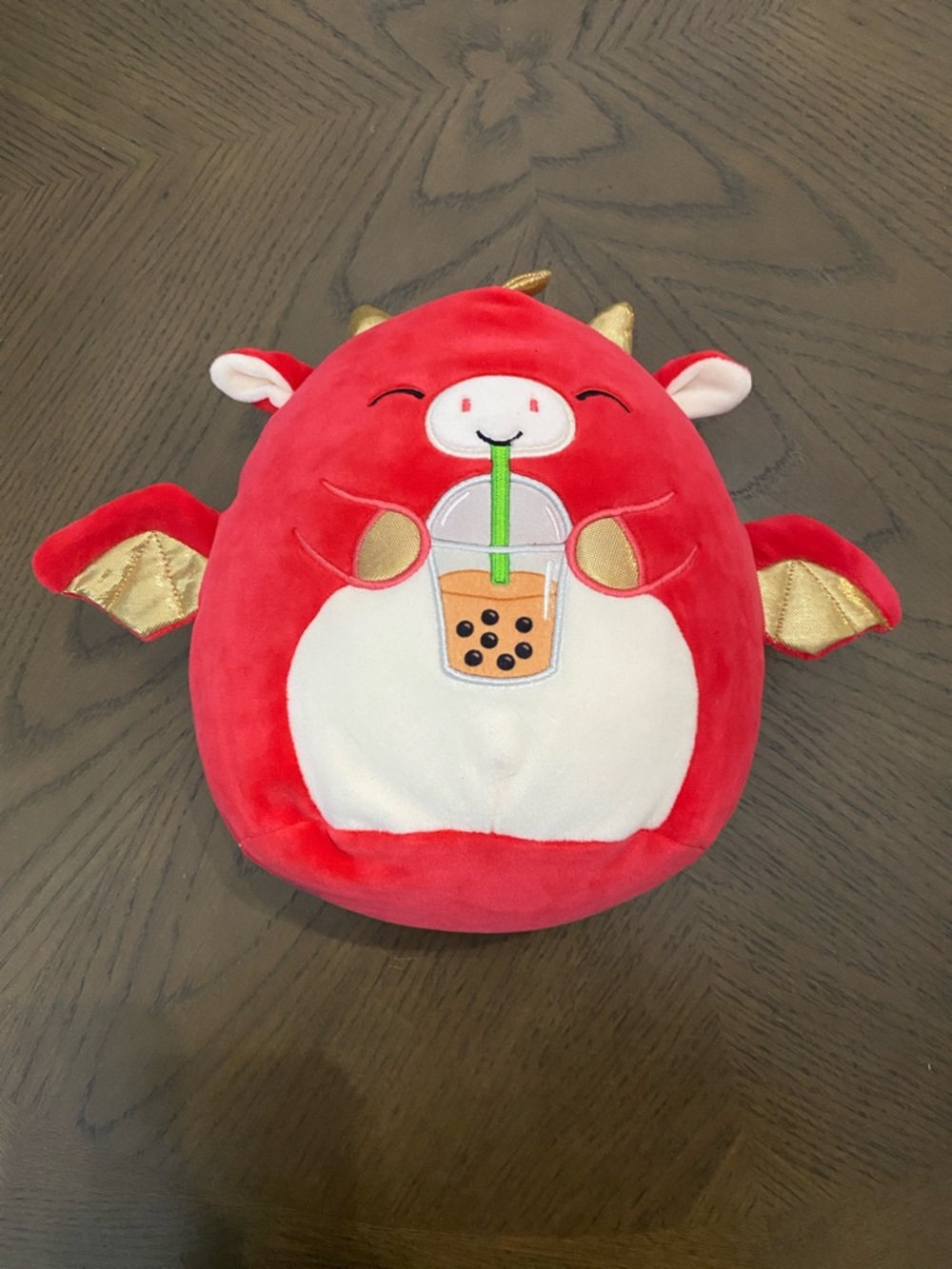 Red Dragon Plush with Bubble Tea Embroidery
